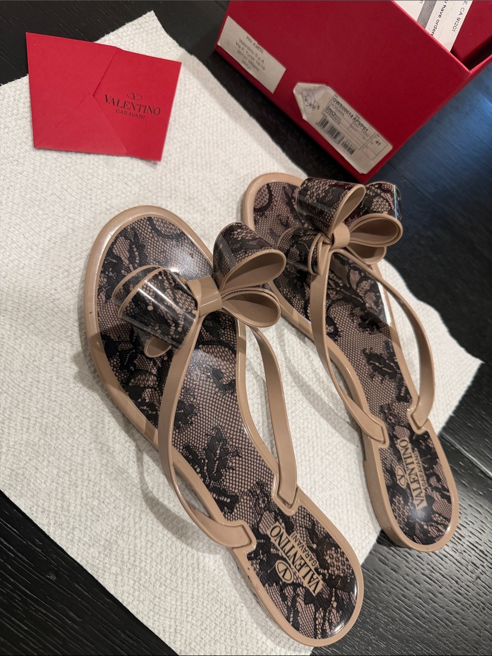 Valentino Beige Jelly Sandals with Black Lace-Print and Bow